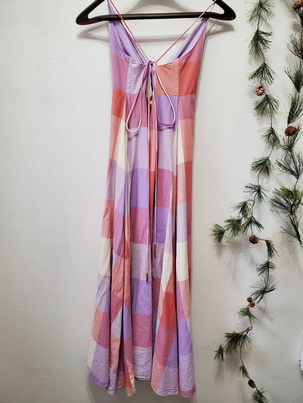 Dress Forum LA Ally Plaid Maxi Dress Lavender Coral Tie-back Front Slit Lined - Picture 3 of 16